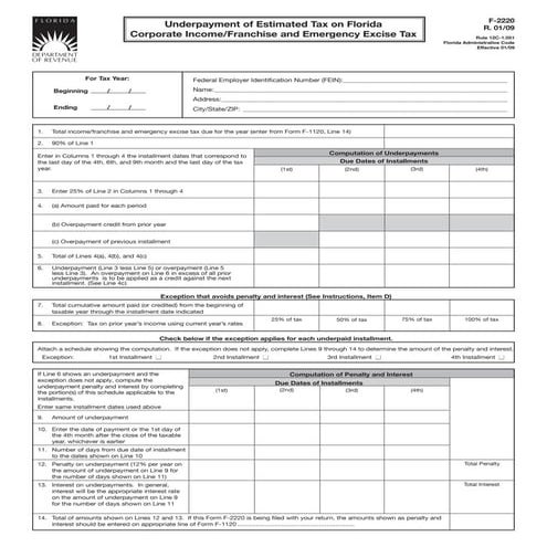  	Underpayment of Estimated Tax on Florida Corporate Income/Franchise and Eme...