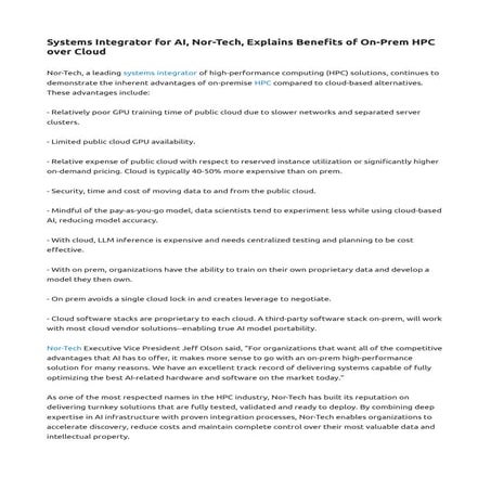 Systems Integrator for AI, Nor-Tech, Explains Benefits of On-Prem HPC over Cloud