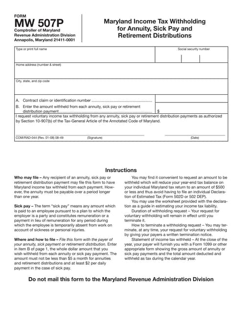 Annuity And Sick Pay Request For Maryland Income Tax Withholding
