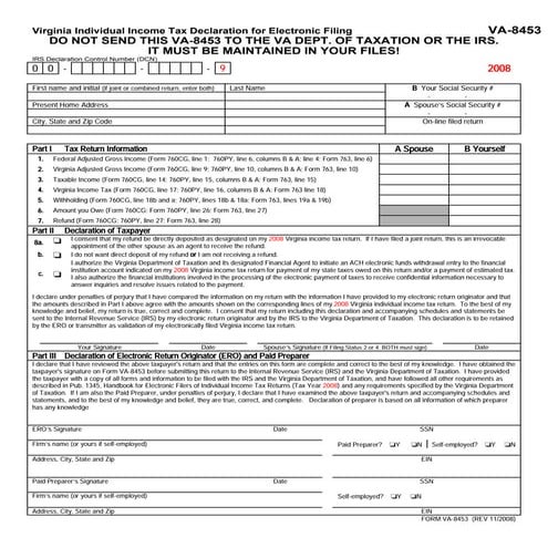 Declaration for Electronic Filing VA-8453