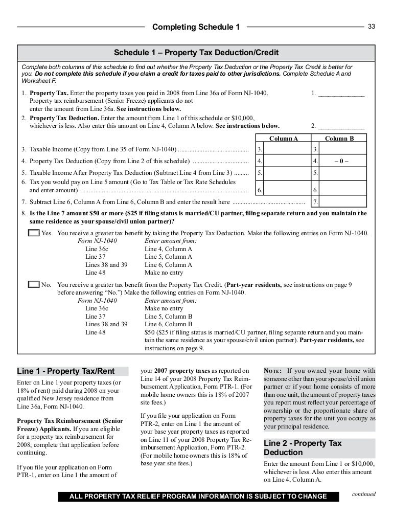 Schedules 1 and 1A Property Tax Deduction/Credit