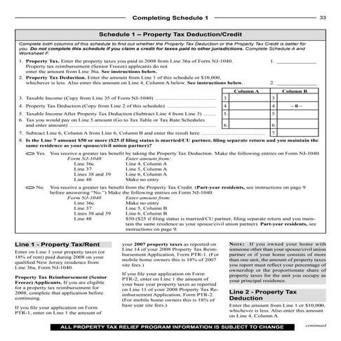 Schedules 1 and 1-A - Property Tax Deduction/Credit