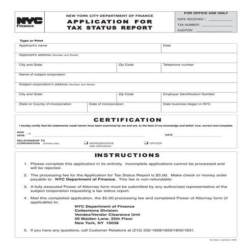 Application for Tax Status Report