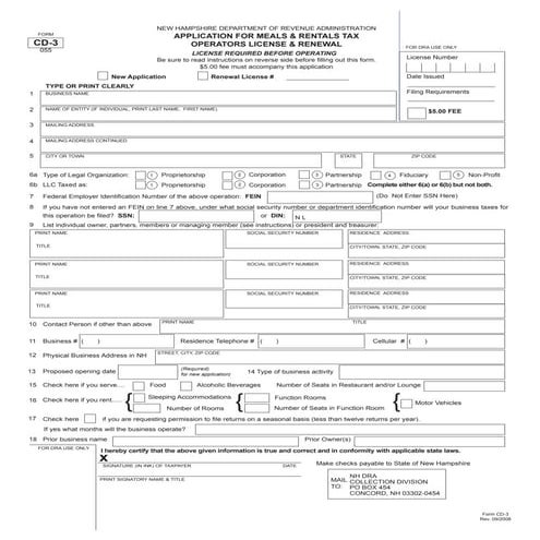  	 Meals & Rentals License Application 2009 