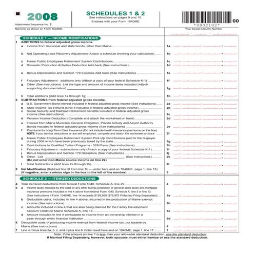 Schedule 1,2 income modifications &amp; itemized deductions/pension income de...