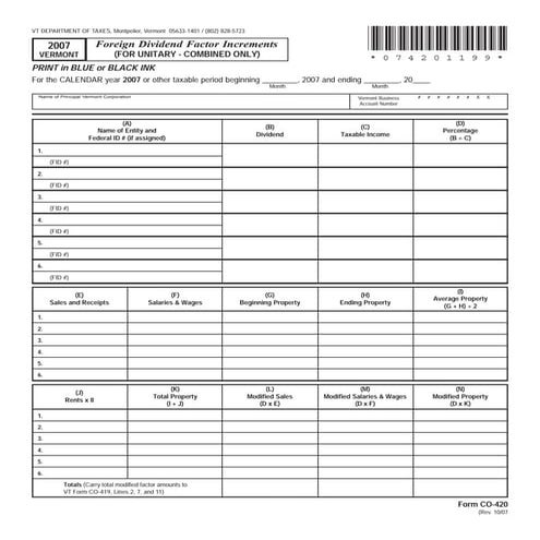  CT-10W - WHOLESALE Cigarette Dealers VT Floor Stock Tax Return 
