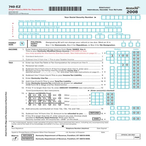 740-EZ - 2008 Kentucky Individual Income Tax Return - Form 42A740-EZ