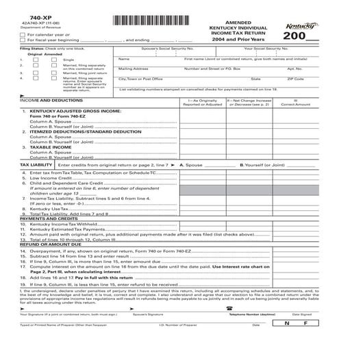 740-XP - Amended Kentucky Individual Income Tax Return 2004 and Prior Years -...