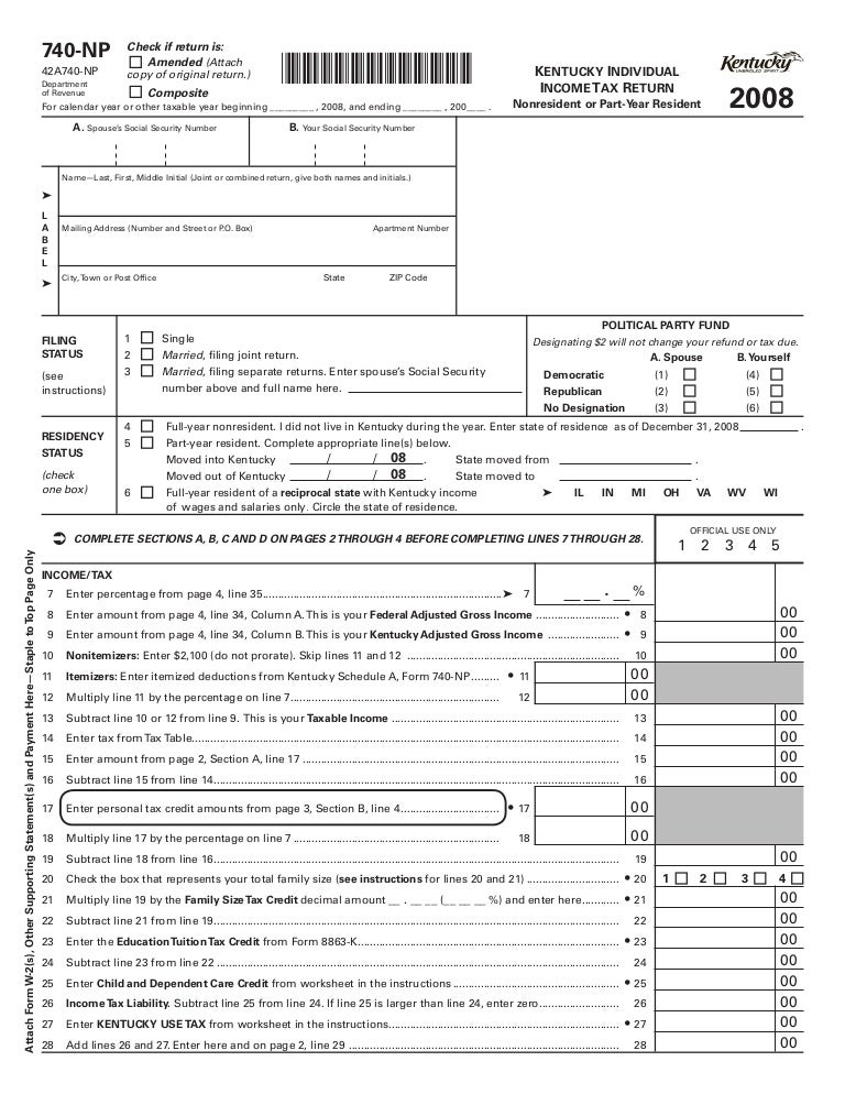 740NP 2008 Kentucky Individual Tax Return Nonresident or Pa…