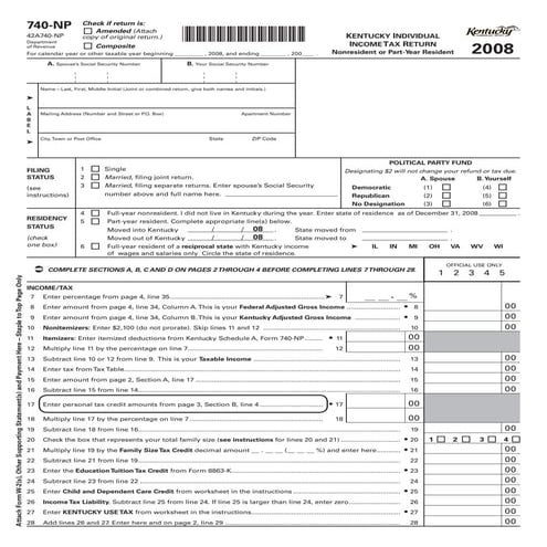 740-NP - 2008 Kentucky Individual Income Tax Return Nonresident or Part-Year ...