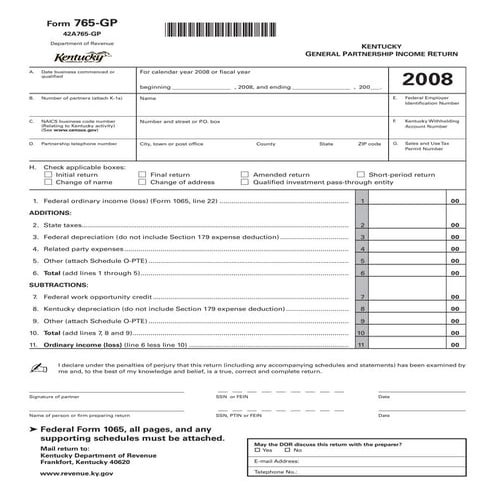 765-GP - 2008 Kentucky General Partnership Income Return - Form 42A765-GP