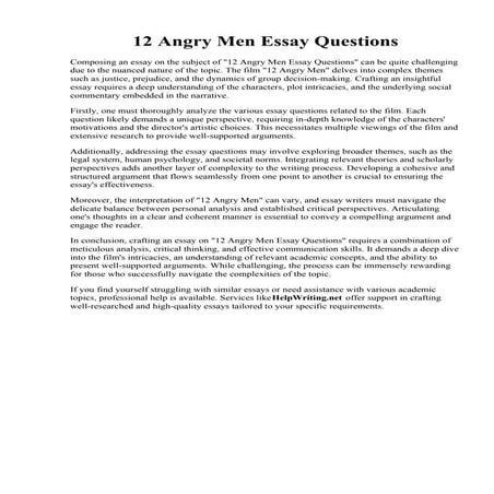 12 Angry Men Essay Questions. Analysis of quot;12 Angry Menquot; Essay Exampl...