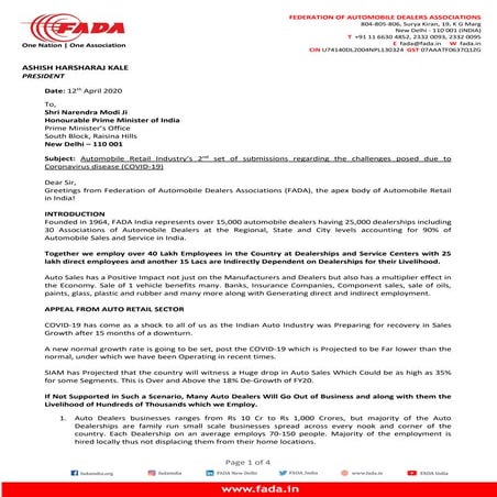 FADA writes letter to PM Narendra Modi