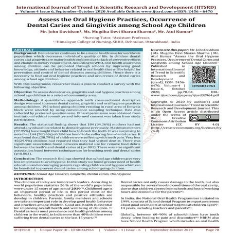 Assess the Oral Hygiene Practices, Occurrence of Dental Caries and ...