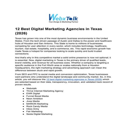 Top 12 Digital Marketing Agencies in Texas for 2026 Growth | PDF