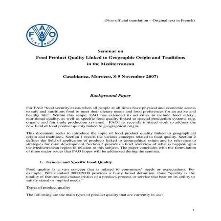 "Seminar on Food Product Quality Linked to Geographic Origin and Traditions i...
