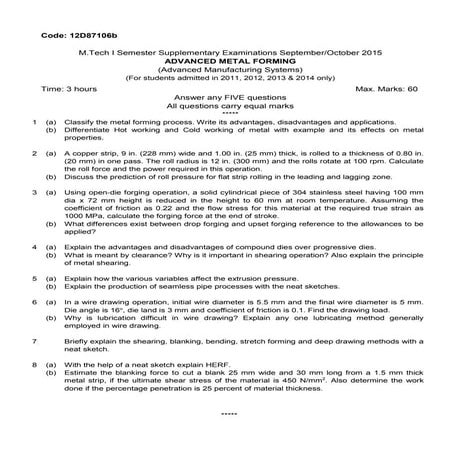  advanced metal forming previous question papers