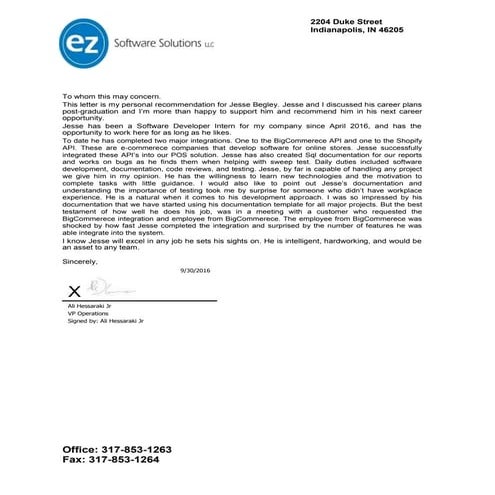 Recommendation for Jesse Begley