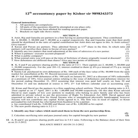 12th accountancy paper by kishor sir 9898343373