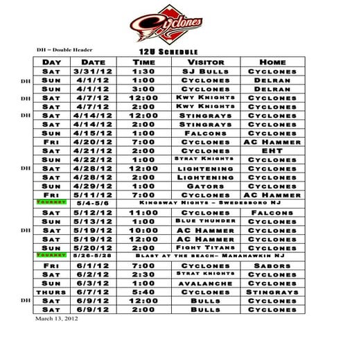 12u schedule