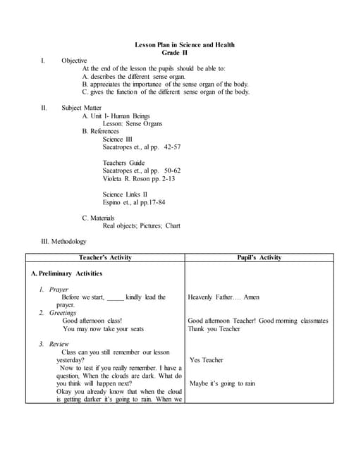 Detailed Lesson Plan in Science and Health Grade 3 Sense Organ | DOCX