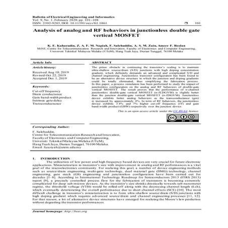 Analysis of analog and RF behaviors in junctionless double gate vertical MOSFET