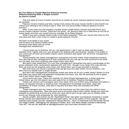 Do You Want to Create Massive Passive Income without Hassling a Single Tenant? By Dave Lindahl
