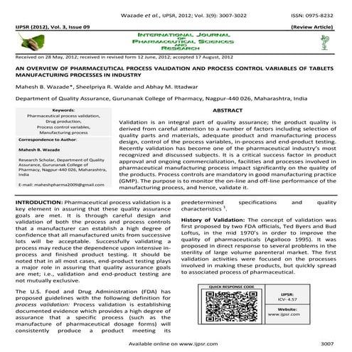 AN OVERVIEW OF PHARMACEUTICAL PROCESS VALIDATION AND PROCESS CONTROL VARIABLE...
