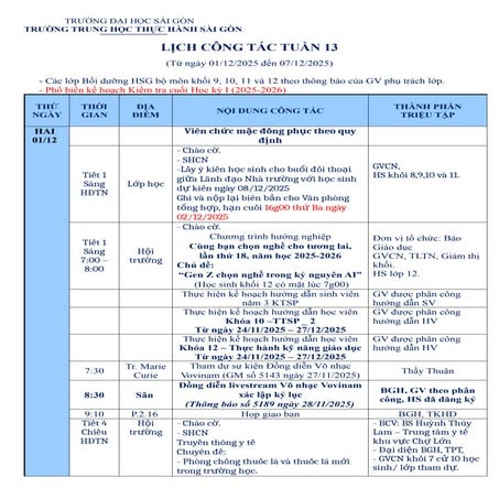 LỊCH CÔNG TÁC TUẦN 13 (Từ ngày 01/12/2025 đến 07/12/2025)