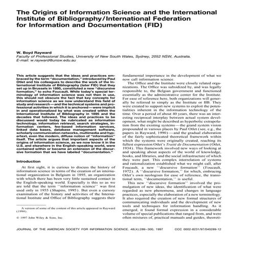 The Origins of Information Science and the International Institute of Bibliog...