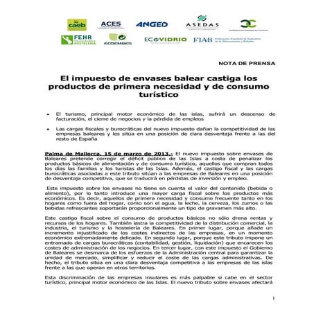 El impuesto de envases de Baleares castiga el consumo de productos básicos y ...