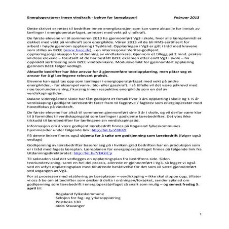 Informasjon til lærebedrifter Energioperatør med vind