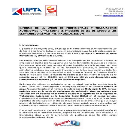 Informe UPTA proyecto de Ley de apoyo a los emprendedores