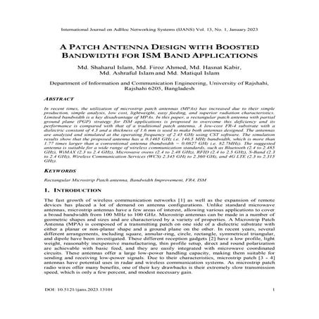 A PATCH ANTENNA DESIGN WITH BOOSTED BANDWIDTH FOR ISM BAND APPLICATIONS