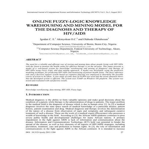 ONLINE FUZZY-LOGIC KNOWLEDGE WAREHOUSING AND MINING MODEL FOR THE DIAGNOSIS A...