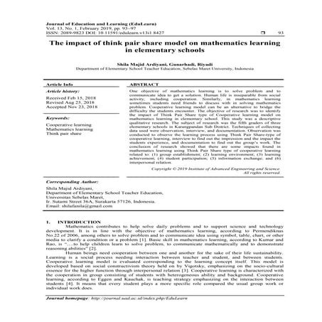 The impact of think pair share model on mathematics learning in ...