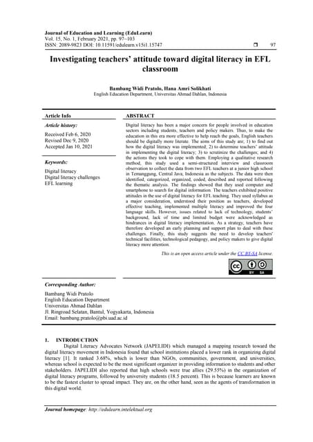 Investigating Teachers Attitude Toward Digital Literacy In Efl Investigating Teachers Attitude Toward Digital Literacy In Efl