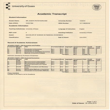 Academic Transcript 1 and 2 A | PDF