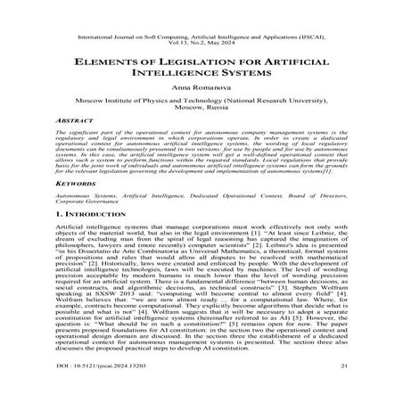 ELEMENTS OF LEGISLATION FOR ARTIFICIAL INTELLIGENCE SYSTEMS