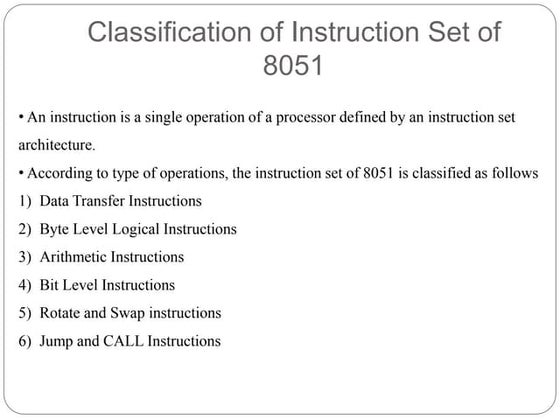 Instruction set of 8051 Microcontrollers | PPTX | Computing ...