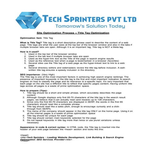 S i te Opt i m i za t i on P r o c e s s – T i t l e T a g Op t im i za t i on