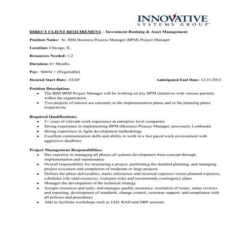 Project Manager - IBM BPM