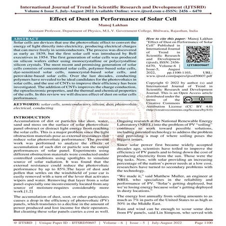 Effect of Dust on Performance of Solar Cell | PDF
