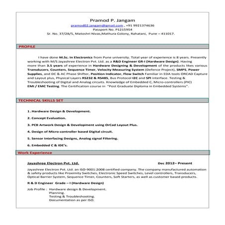 Pramod J Resume M.Sc. (Electronics) 3.5 Year Exprience in Hardware Design
