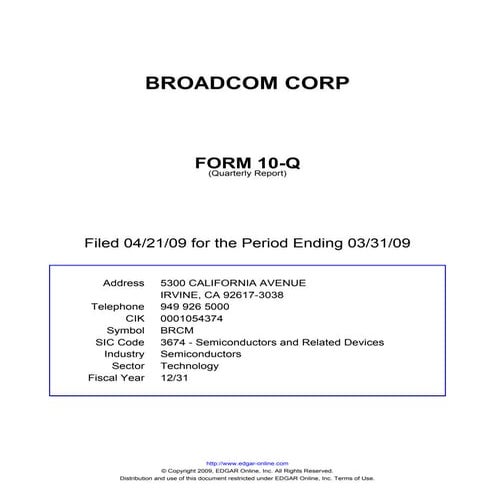 Q1 2009 Earning Report of Broadcom Corp.