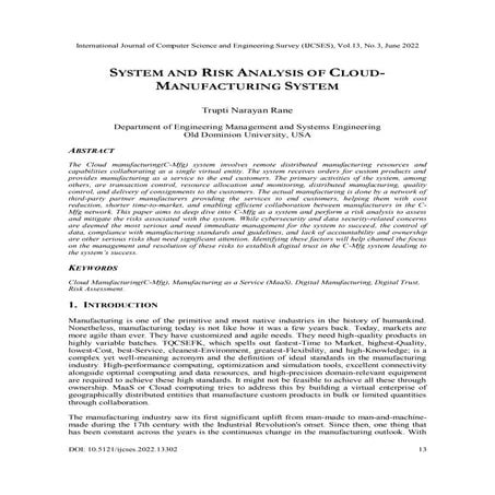 SYSTEM AND RISK ANALYSIS OF CLOUDMANUFACTURING SYSTEM | PDF