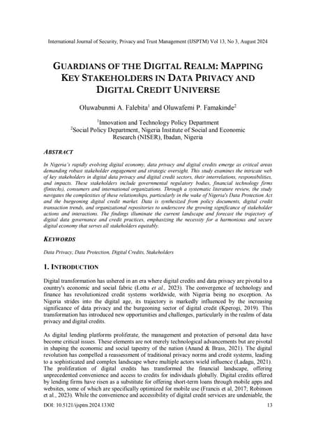 GUARDIANS OF THE DIGITAL REALM: MAPPING KEY STAKEHOLDERS IN DATA PRIVACY AND DIGITAL CREDIT UNIVERSE