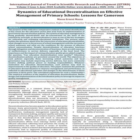 Dynamics of Educational Decentralisation on Effective Management of Primary S...