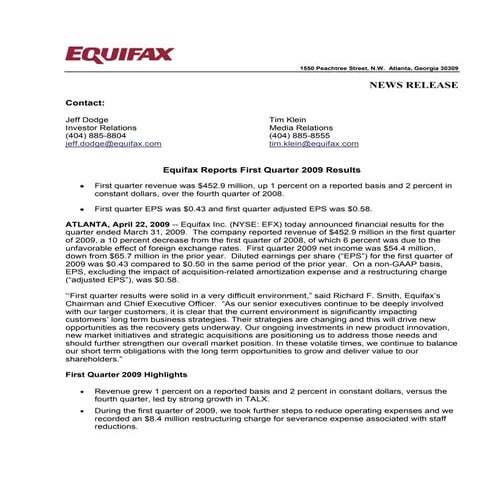 Q1 2009 Earning Report of Equifax Inc.
