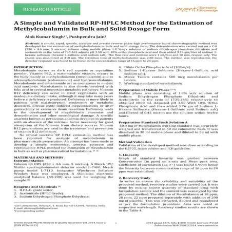 A Simple and Validated RP-HPLC Method for the Estimation of Methylcobalamin i...